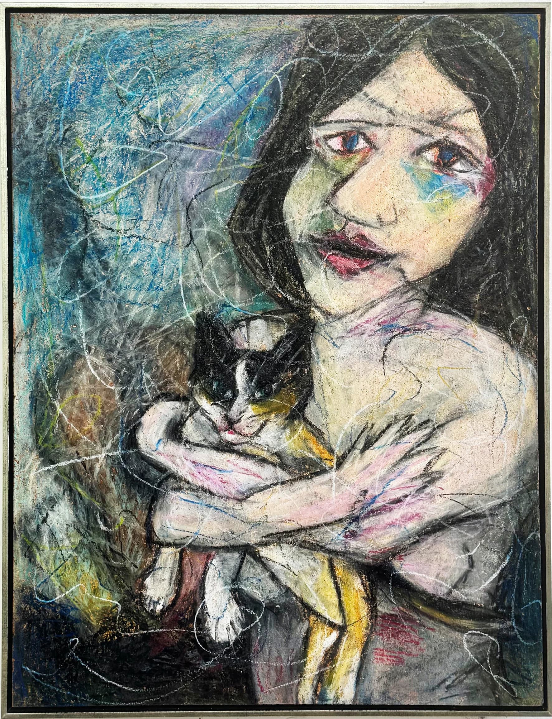 Girl hugging a cat - freehand pastel chalk drawing, framed in a silver-plated wooden frame