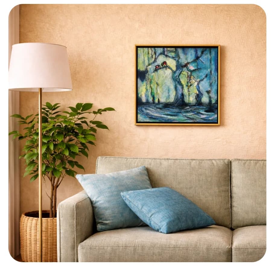 Circles in the Water - Oil painting on canvas, framed in a white wooden frame 5