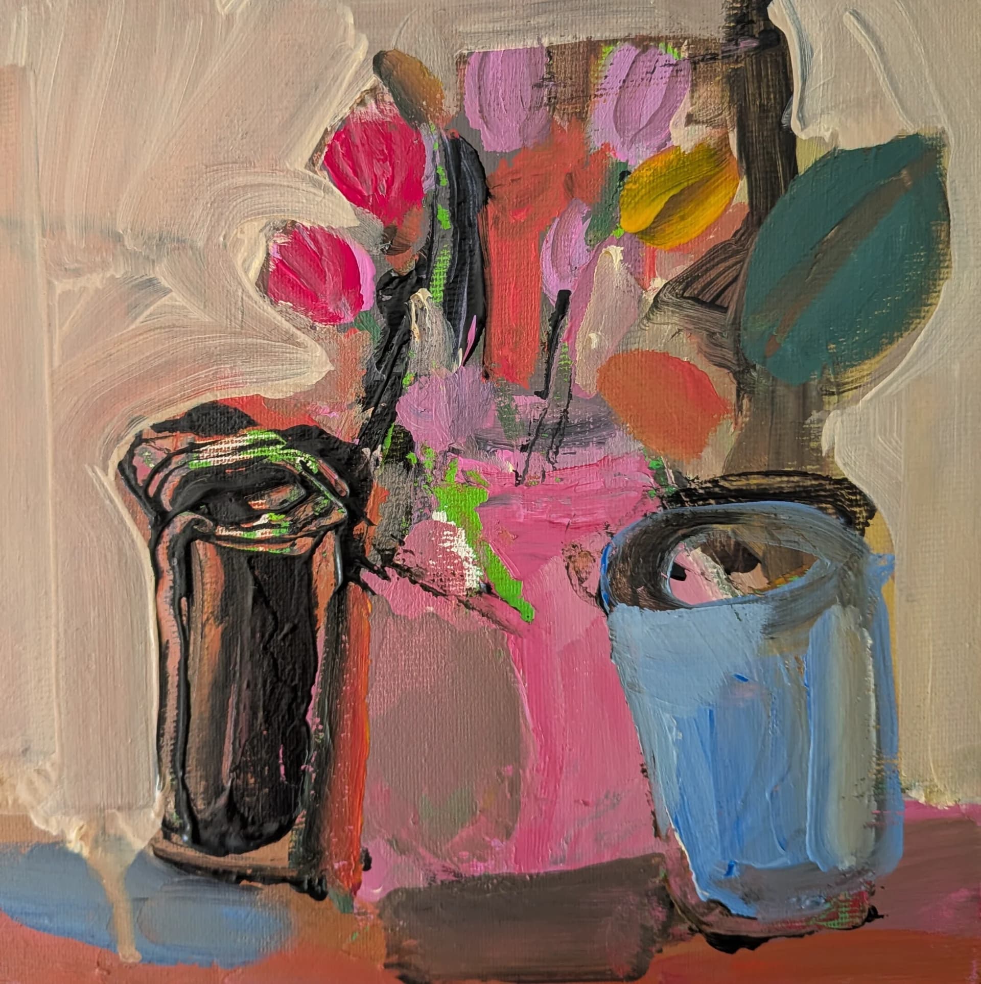 Flowers and Glasses in Pink Light