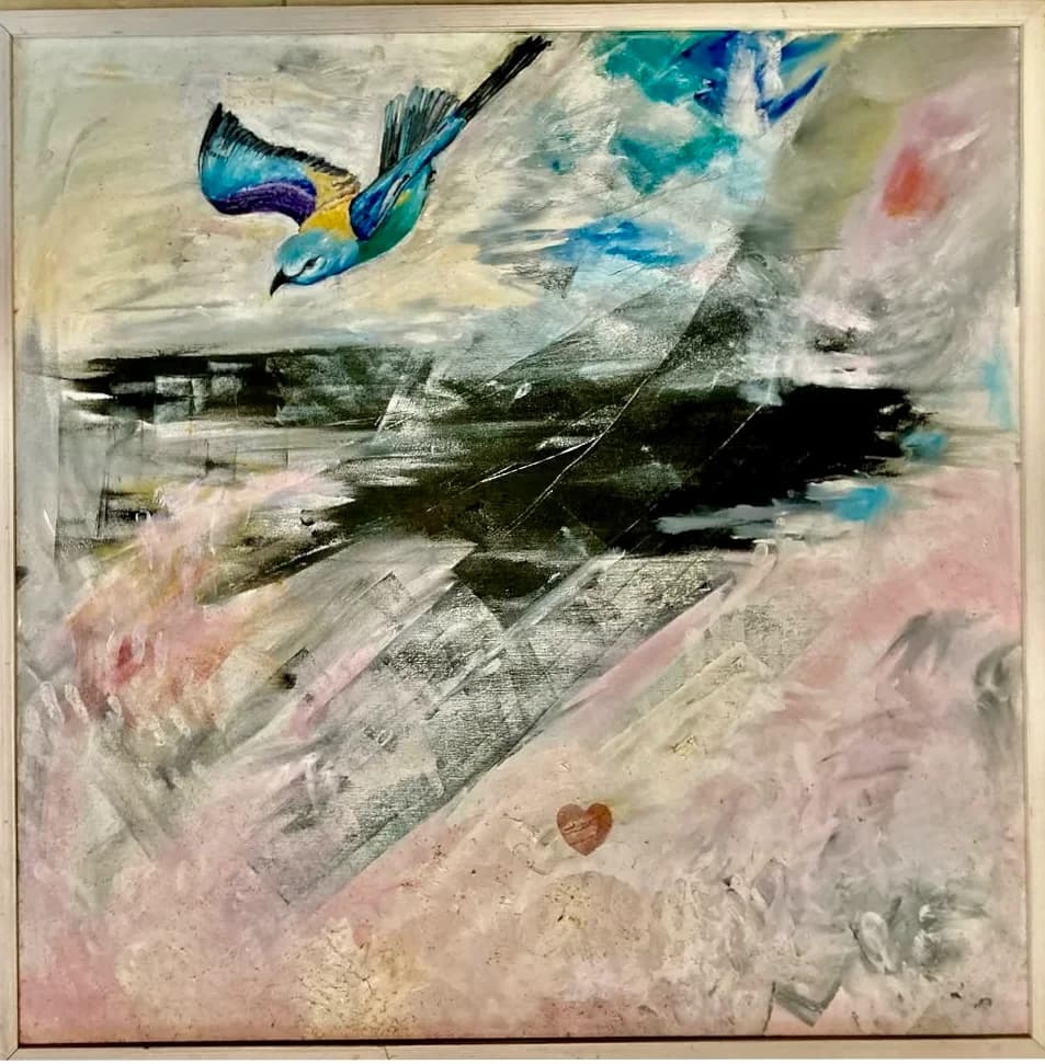 Blue bird soaring over a broken heart - acrylic and oil painting on canvas, framed in a white frame, semi-abstract, semi-realistic style