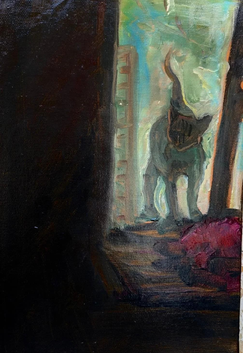 Cat standng on the window - oil on wood