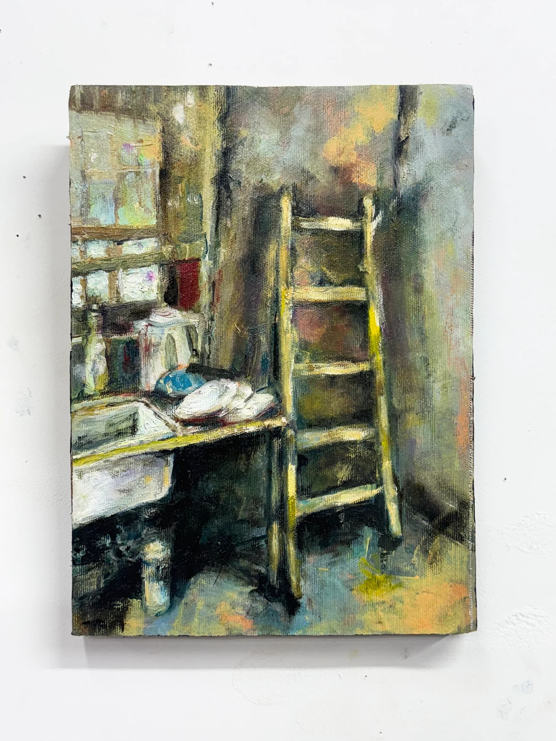 A Ladder Leaning Against a Wall - a small format painting in oil and acrylic 5