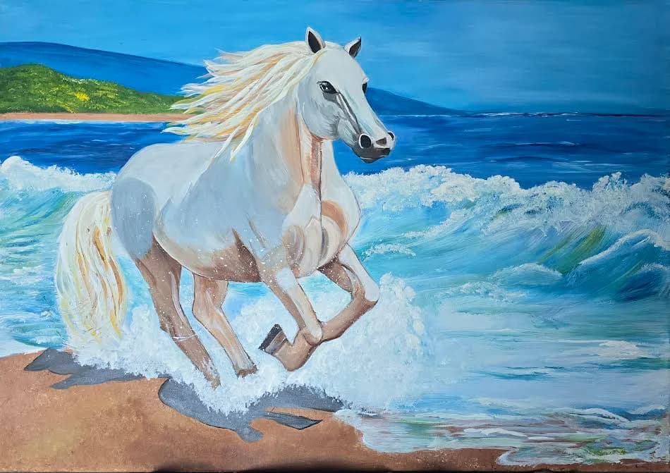 A noble white horse gallops on the water