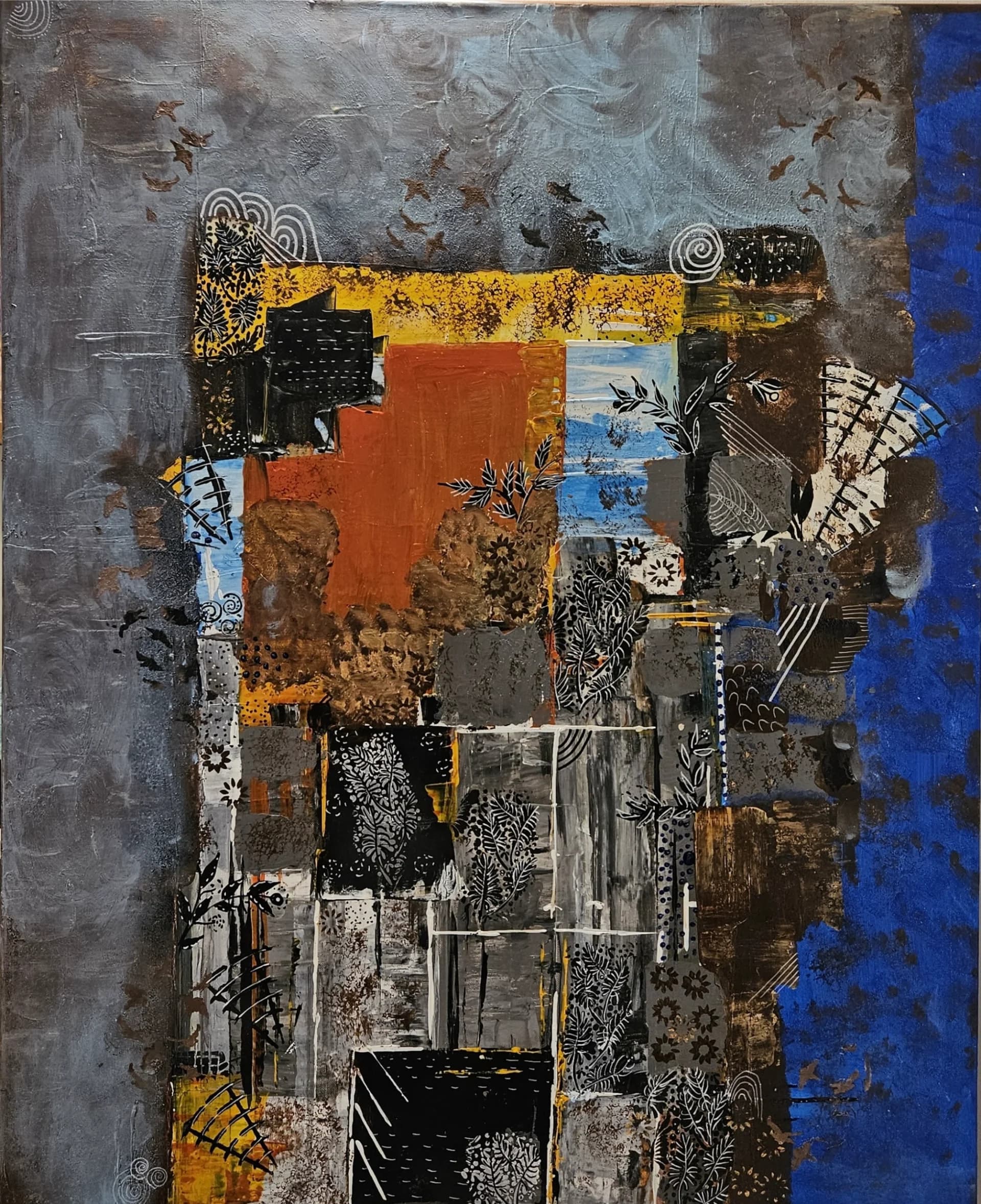 אבסטרקט בגוונים עמוקים של כחול אפור וכתום