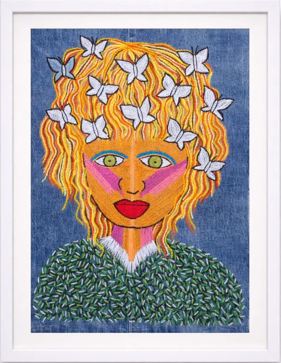 A girl with golden hair and white butterflies