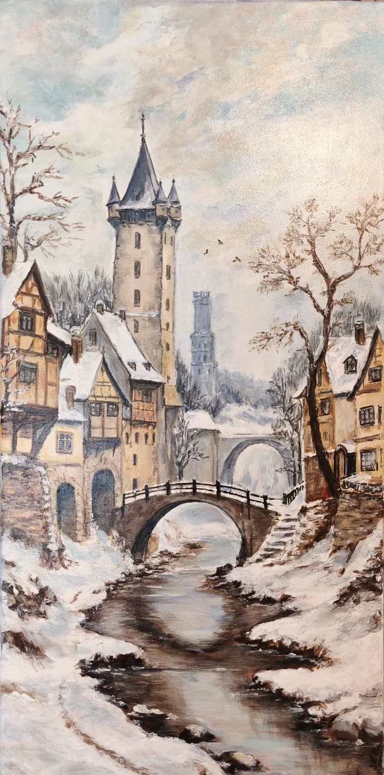 Winter Village by the Bridge