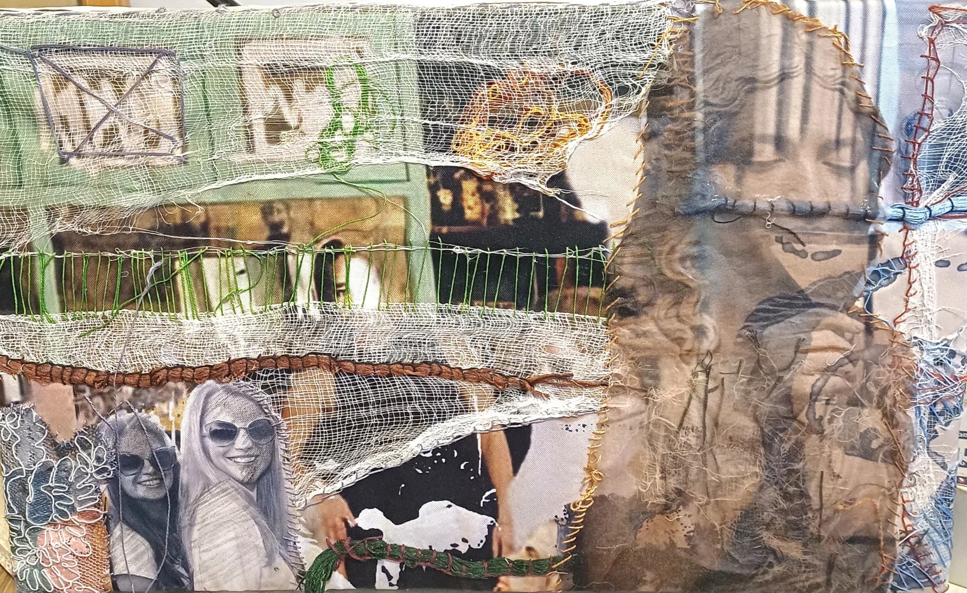 Echoes of urban restaurants and cafes. Mixed media collage on canvas – acrylic painting, processed photography, textile fragments,