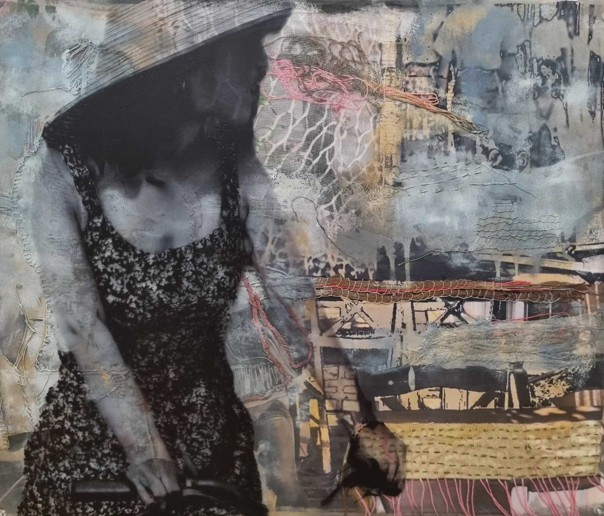 60cm/50 "The Cyclist" collage art work with Dimensional Transparency Layer