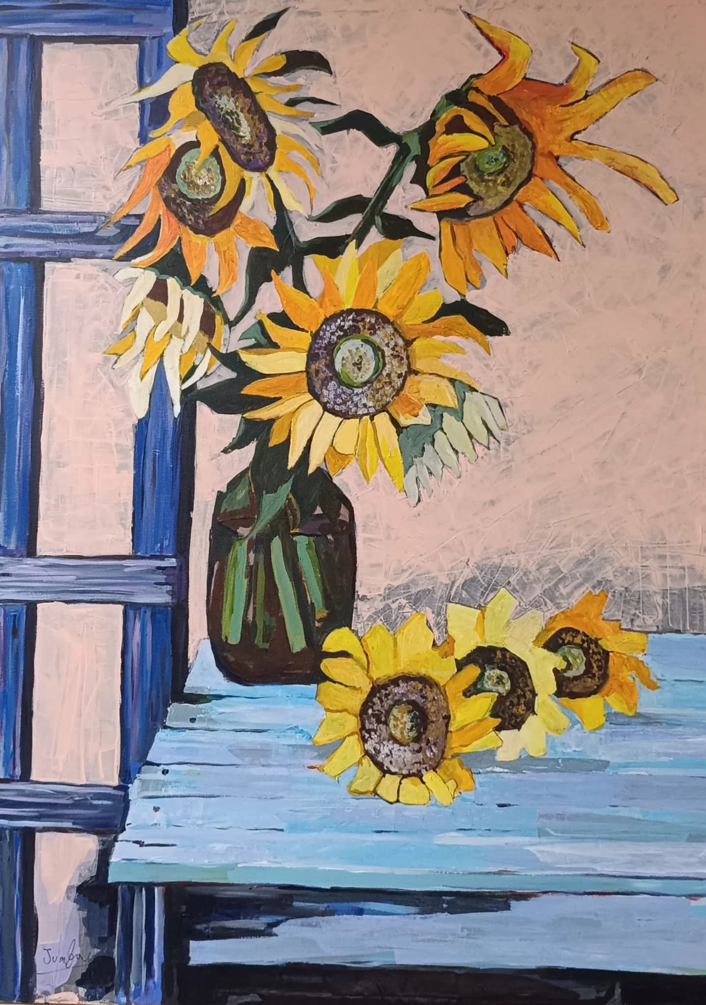 Sunflowers by Blue Window