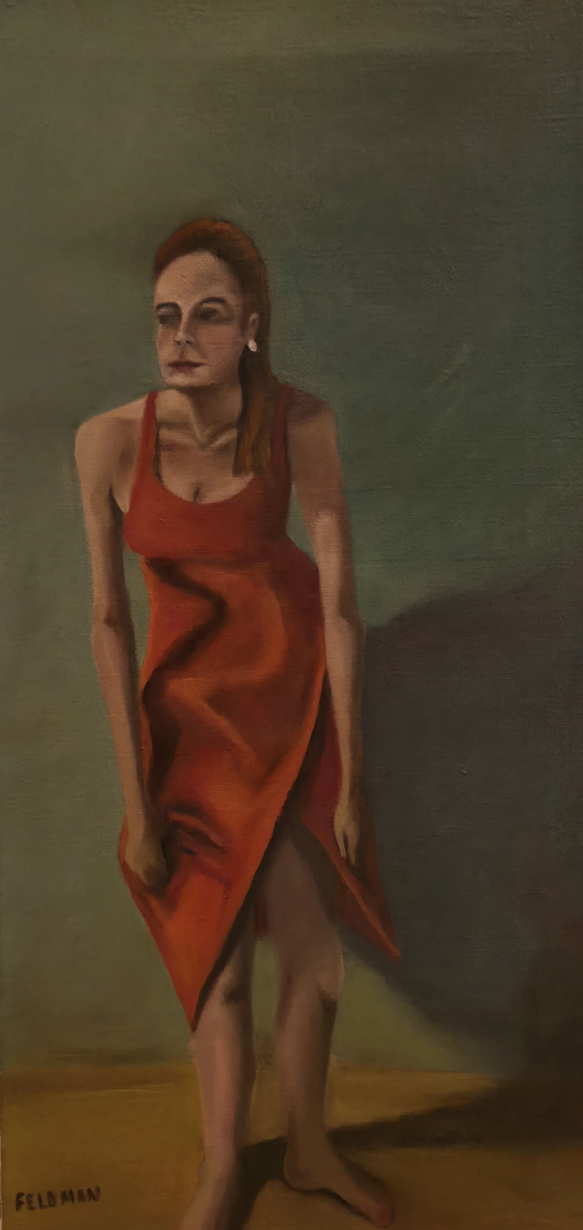 A woman bends over and lifts her dress.