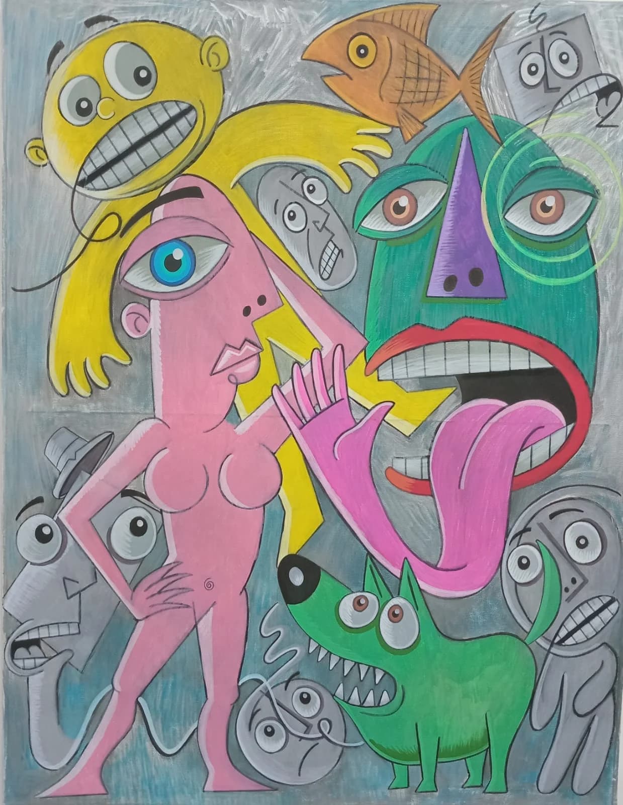 Pink Figure with Green Dog