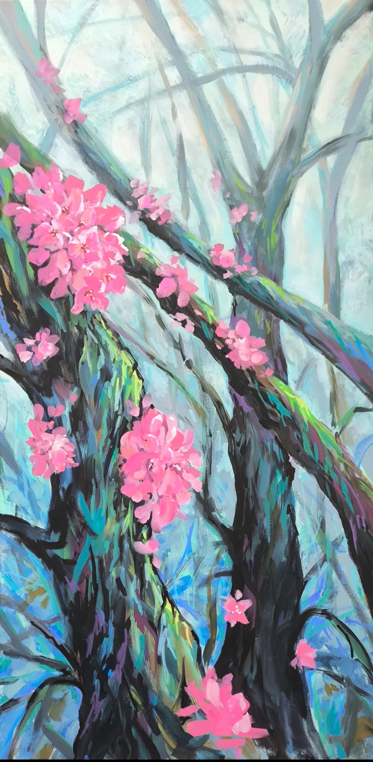Pink Blossoms in Blue