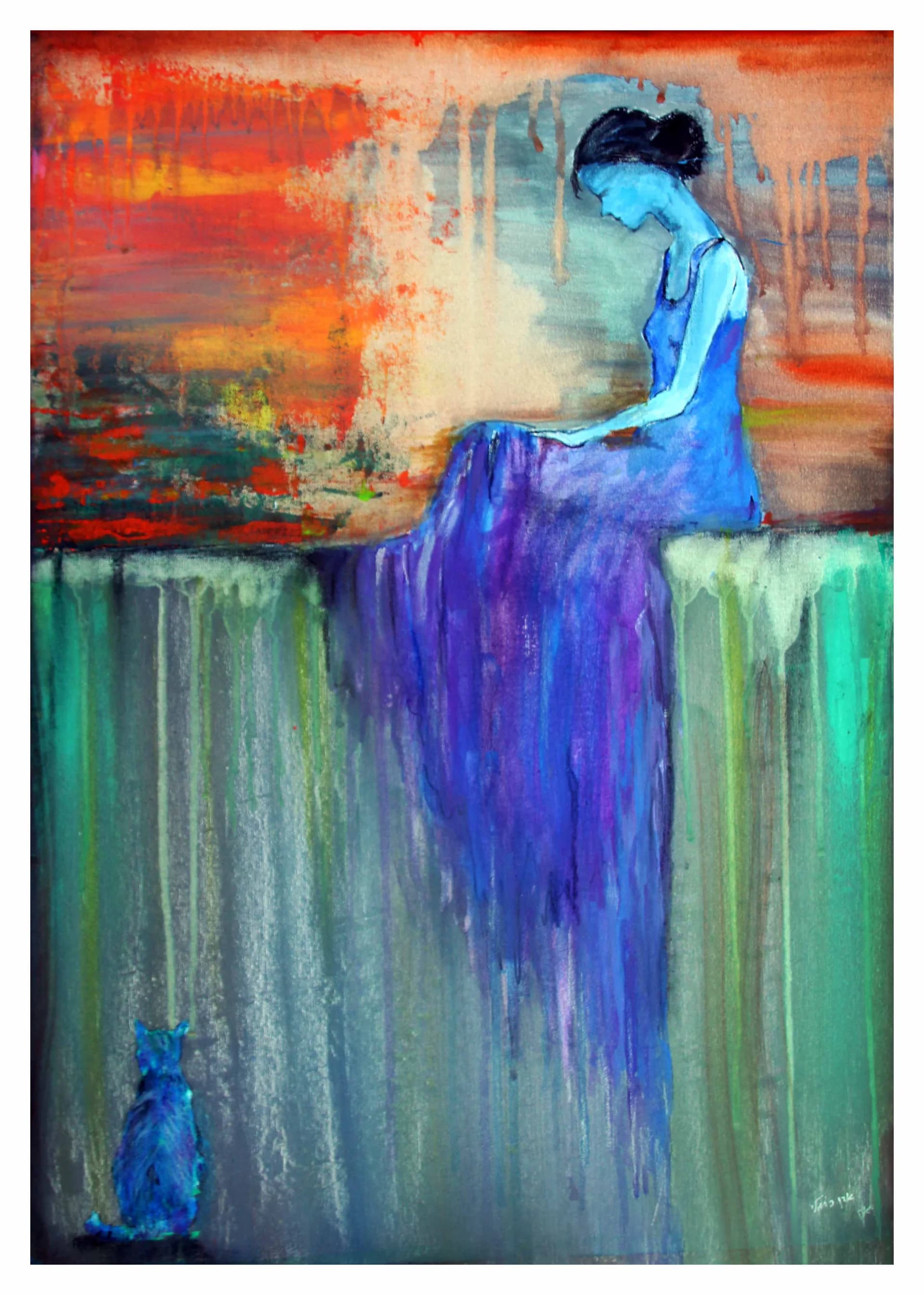 a woman on a wall with a Cat