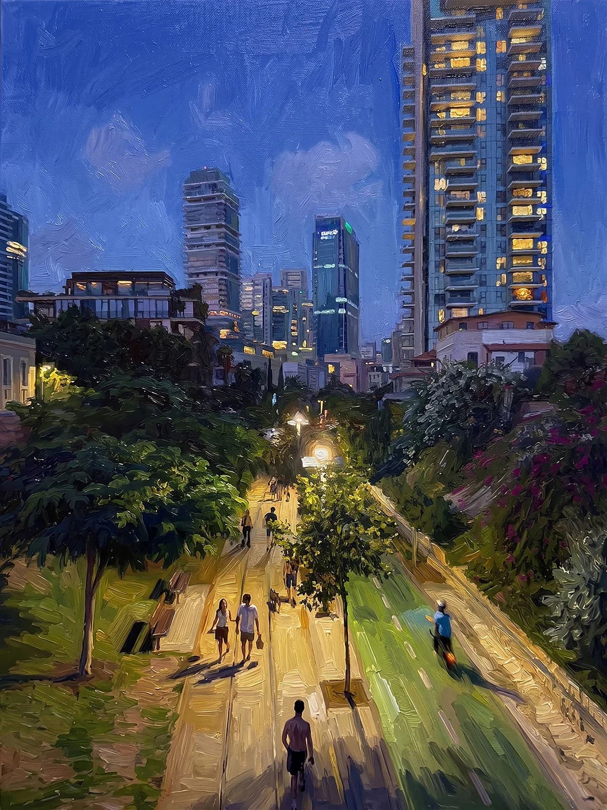 People in Park HaMesila at dusk
