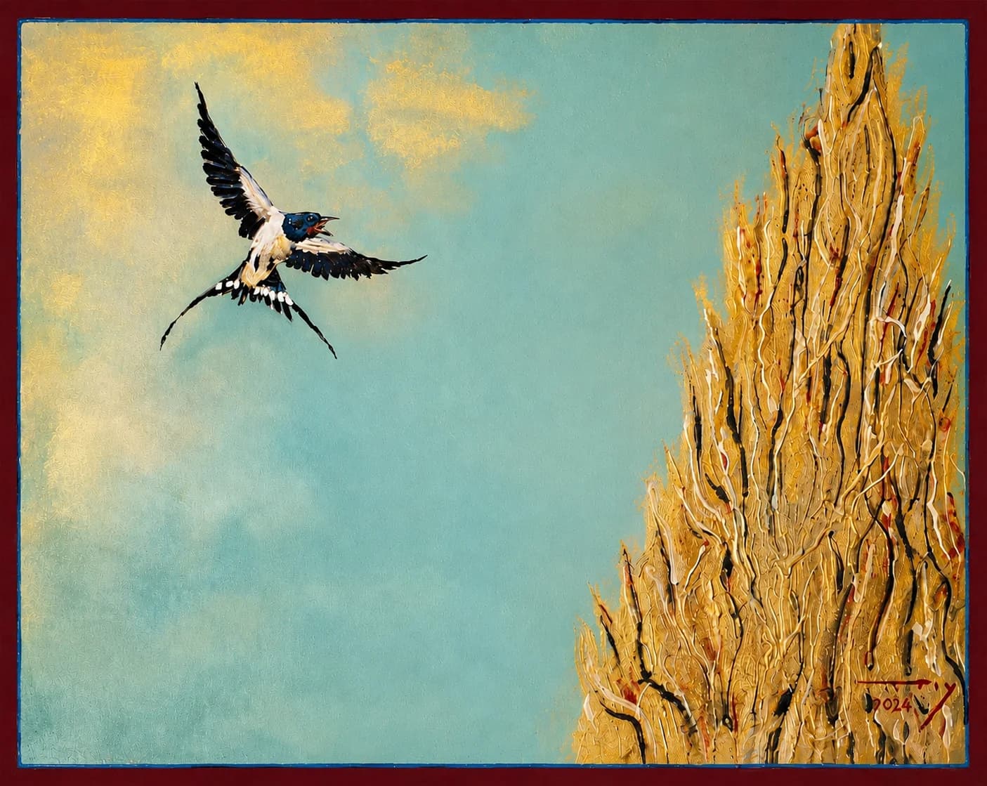 Swallow in Turquoise Skies and a Golden Tree