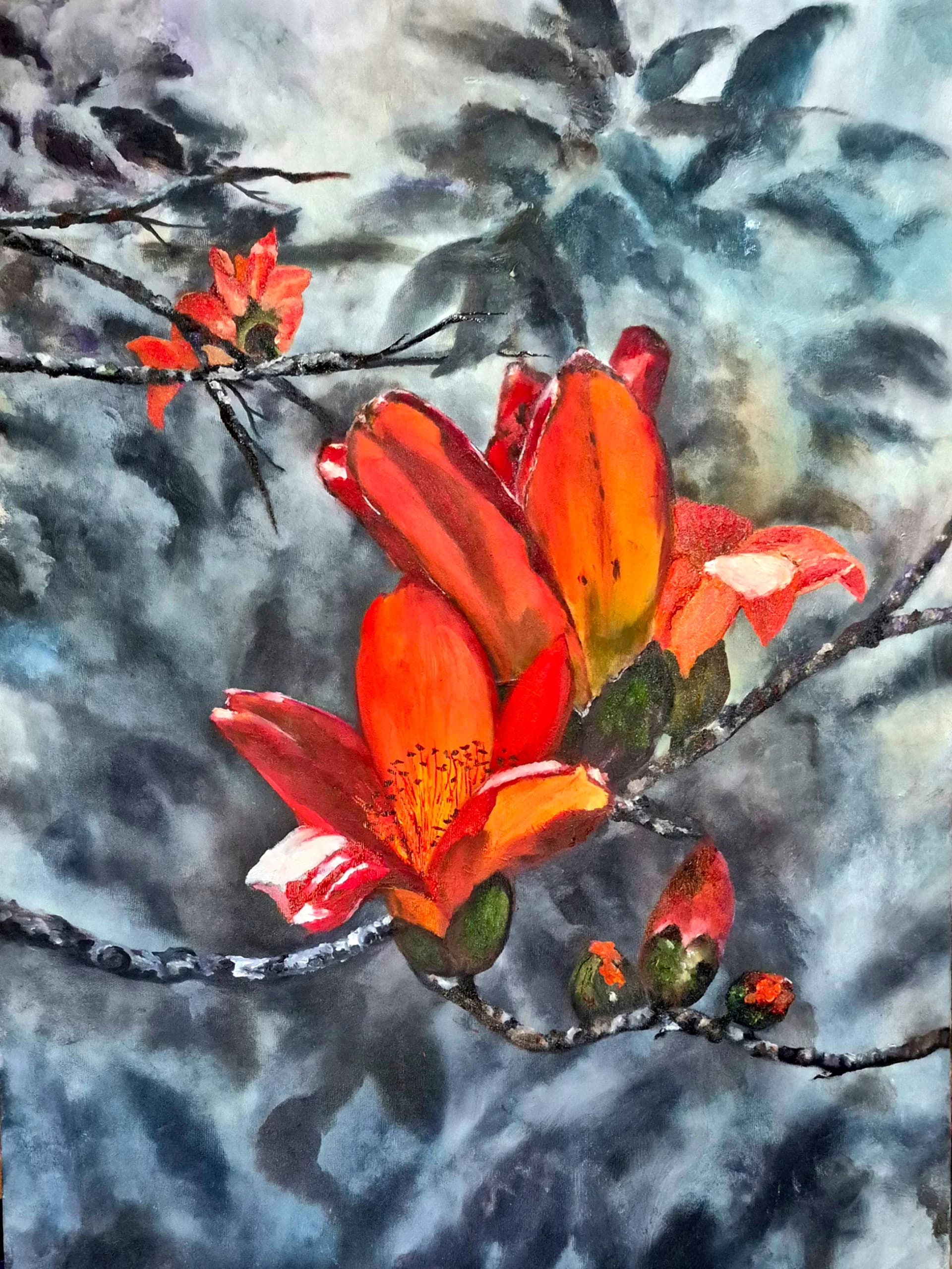 Crimson Blooms, Silver Foliage