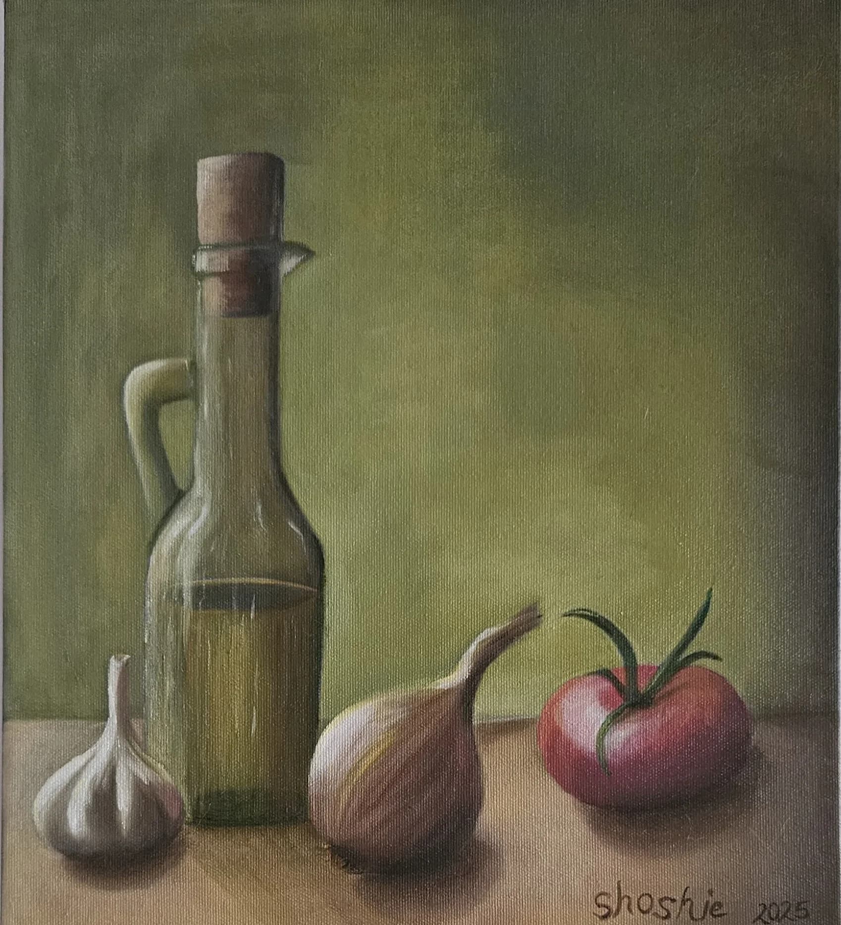 Garlic, onion, tomato and oil in olive light
