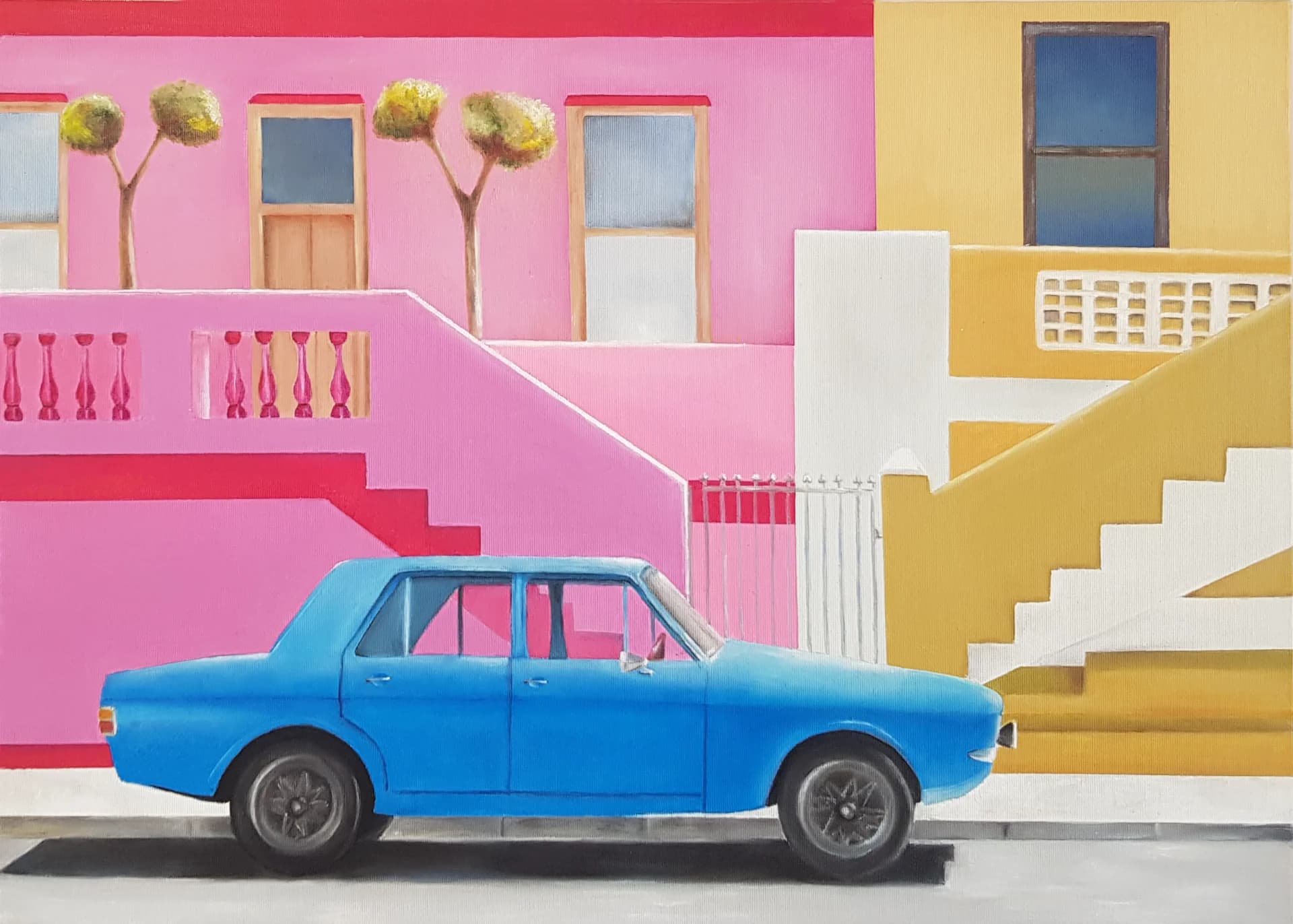 Blue Car on Pink Street