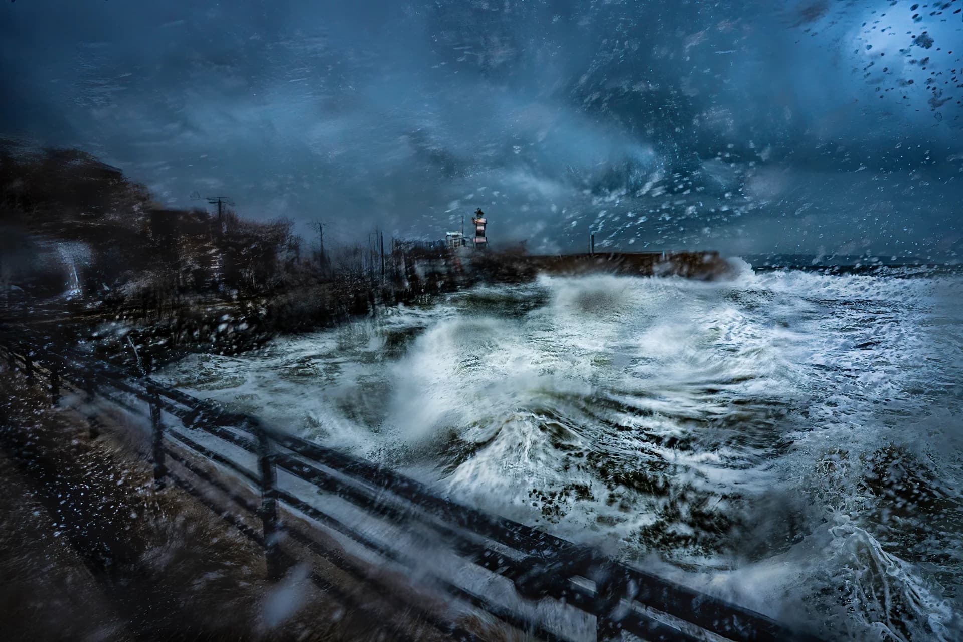 Storm at the Beacon- Acre Port during storm Barbara.
