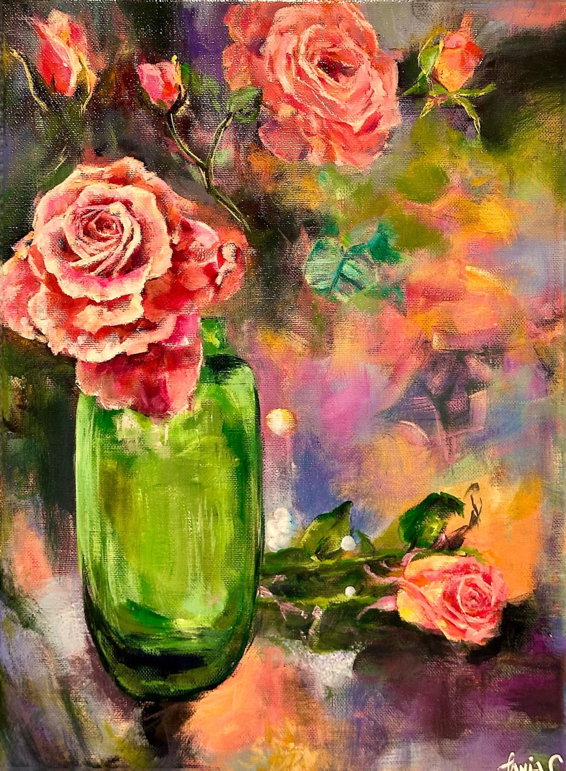 Roses in Green Glass