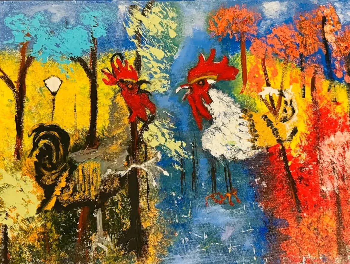 Roosters in a Painted Grove